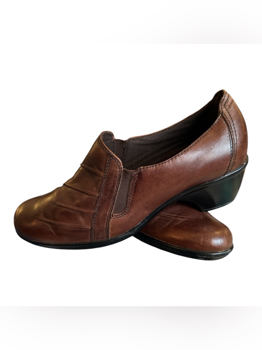 CLARKS Women's Brown Leather Slip-On Loafers Comfort Low Heel Shoes | 7.5W